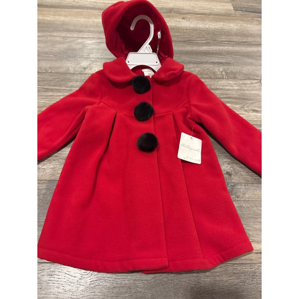 Starting Out Red Fleece Hooded Coat 24M Pom Pom Buttons Holiday Winter Jacket